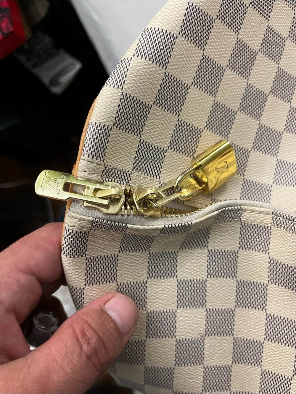 Louis Vuitton Damier Azur Canvas Duffel in Cream and Tan Leather